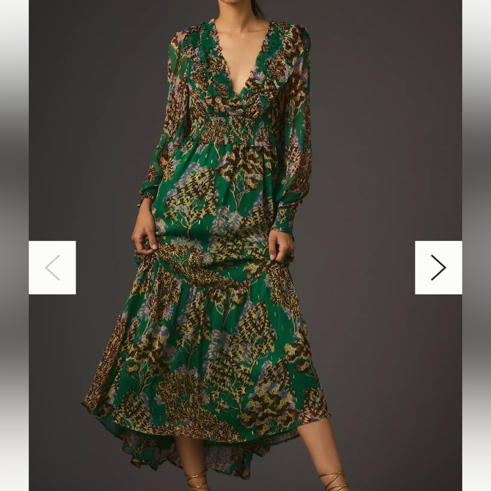 Anthropologie Green Floral Maxi Dress